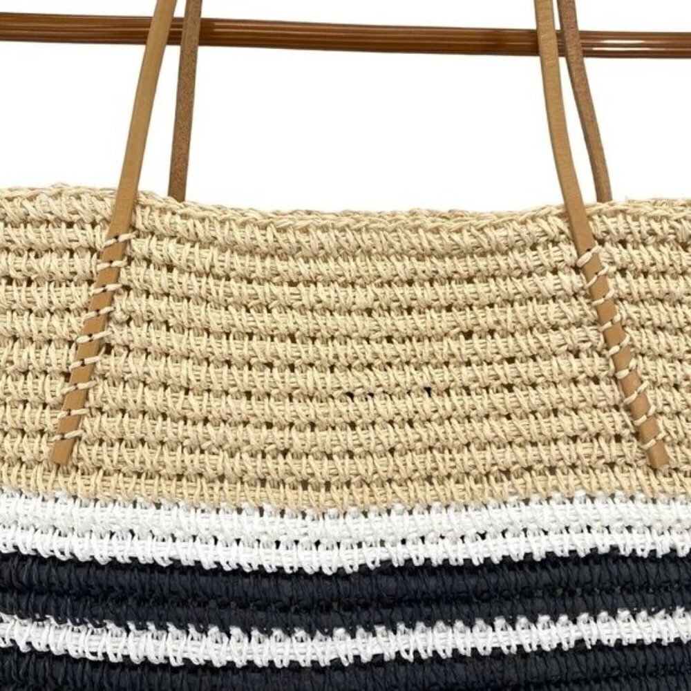 Aqua Trio Striped Straw Woven Tote Bag New - Picture 5 of 13